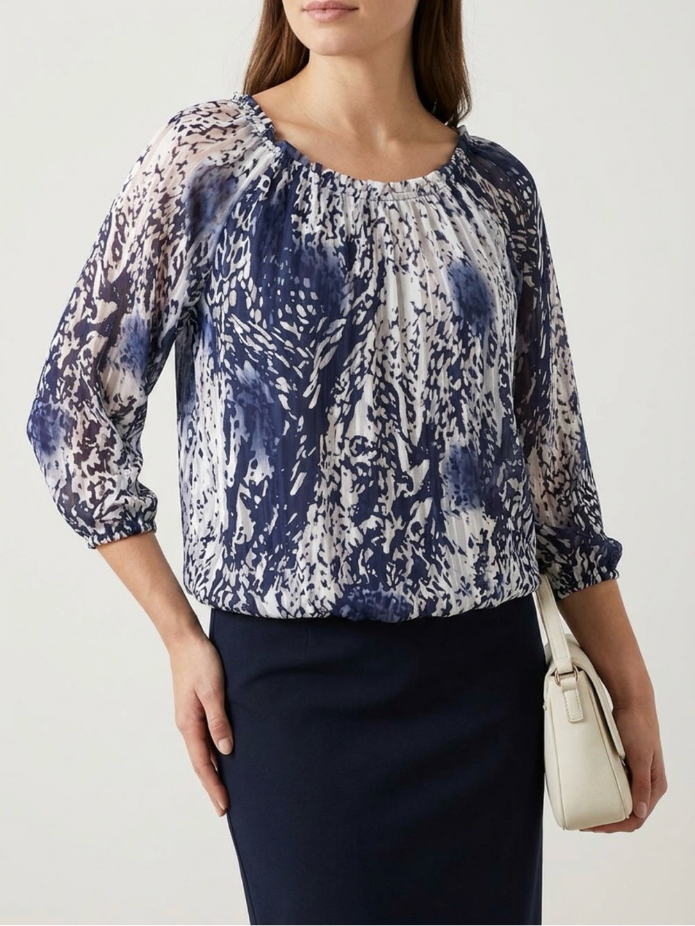 Vintage Sheer Navy Abstract on Soft White Blouse • Off Shoulder Peasant